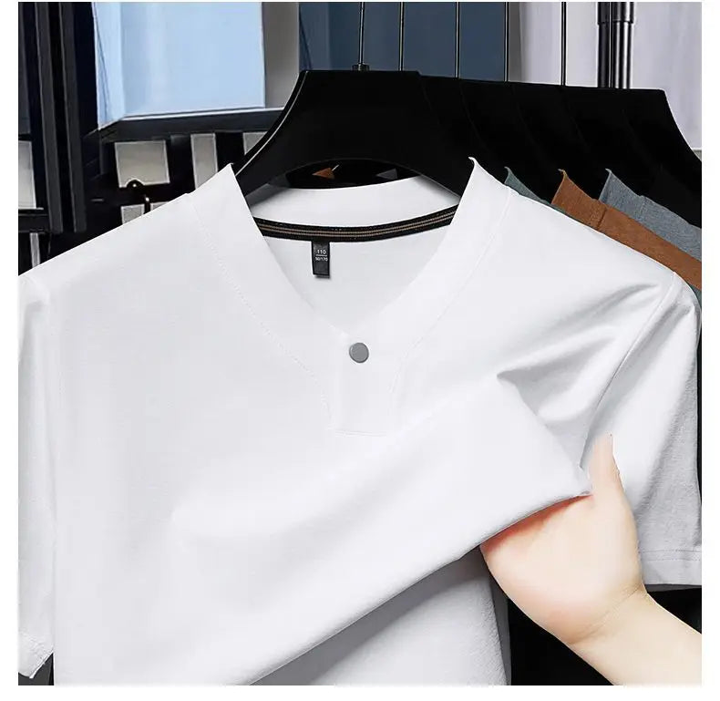 Men's T-shirt Classic V-Neck Short Sleeved Cotton Solid Button Super Soft High Quality L-4XL Casual Tshirt Design Men Tee Shirts.