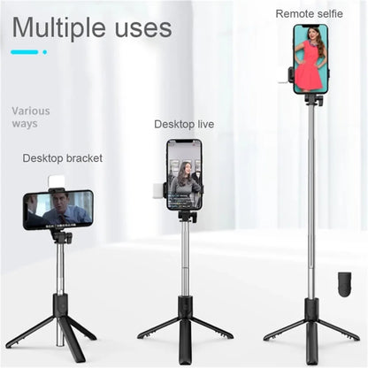 Portable Bluetooth Selfie Stick Tripod Holder with Remote Shutter Fill Light Extendable Wireless Remote Retractable Phone Stand.