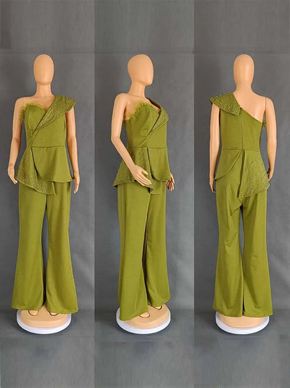 High Waist Strapless Jumpsuit Rivet Collar Lady Evening and Party Tube Top Jumpsuit for Women Elegant Sexy Birthday Jumpsuit.