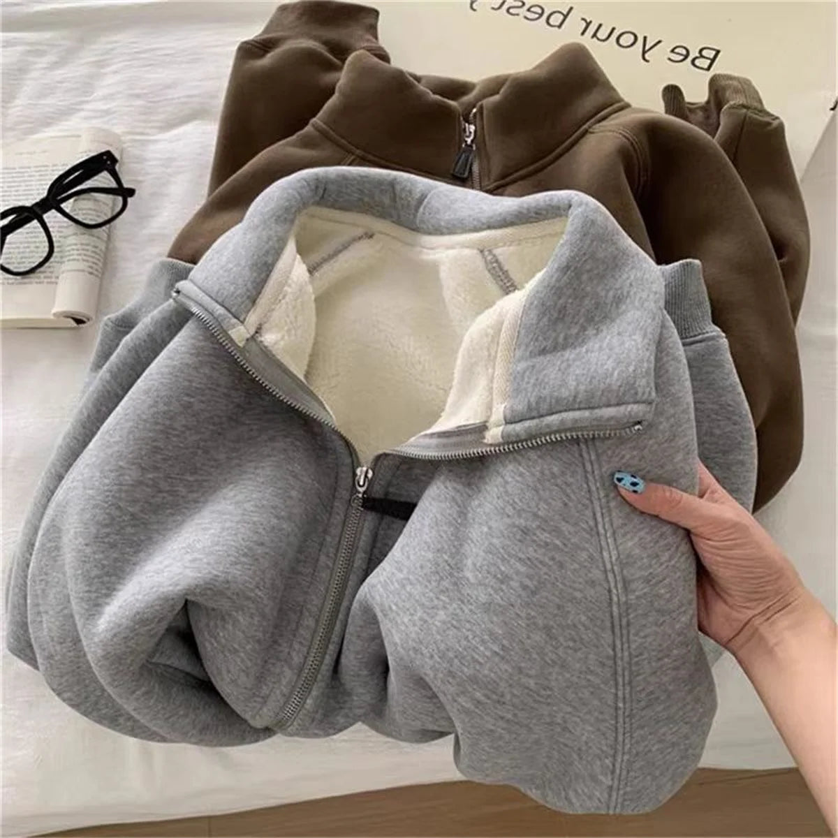 Women Autumn Winter Sweatshirt Coat Zip Up Solid Long Sleeve Stand Neck Jacket Lady Fashion Casual Street Vintage Coats Outwear.