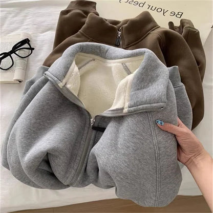 Women Autumn Winter Sweatshirt Coat Zip Up Solid Long Sleeve Stand Neck Jacket Lady Fashion Casual Street Vintage Coats Outwear.