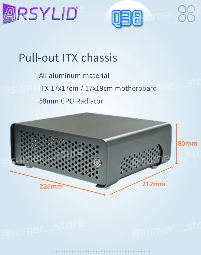 ARSYLID Q38 ITX Aluminum Chassis Pull-Out Style Mini Case 58mm CPU Radiator.