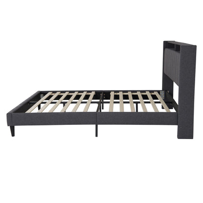 Lazyspace gepolstertes Doppelbett, Bettgestell 160/140 x 200 cm, Kopfteil mit Stauraum, USB-Aufladung und LED-Licht, keine Matratze