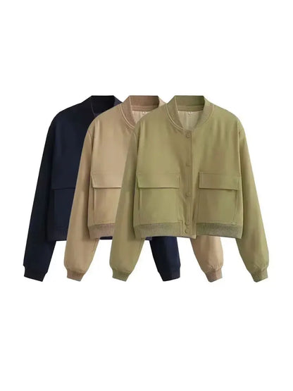 Women Fashion With Pockets Bomber Jacket Coats Vintage Long Sleeve Front Button Casual Female Outerwear Chic Tops.