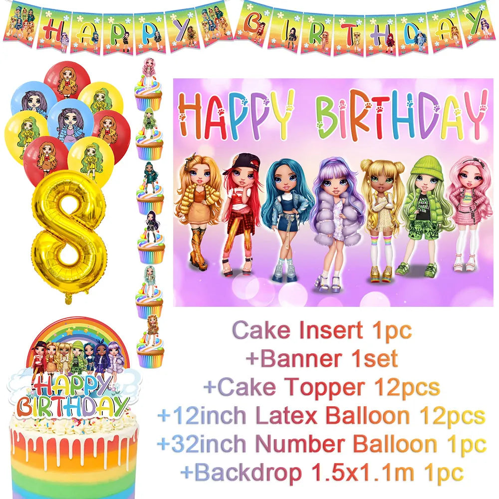 Cartoon Regenbogen Puppe High School Thema Hintergrund Geburtstag Party Dekoration Lieferungen Einweg Tasse Besteck Ballon Baby Geschenk.
