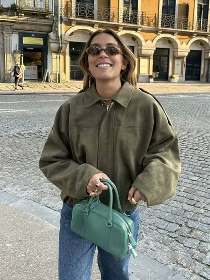 TRAFZA Damen-Jacke mit Wildleder-Textur, High Street, lange Ärmel, Umlegekragen, elastischer Reißverschluss, Knopfleiste, solider, trendiger Frühlingsmantel.