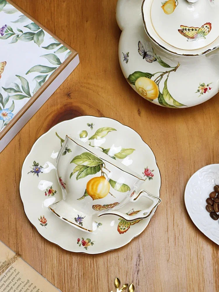 European Style Ceramic Mug Coffee Cup and Saucers Set Lemon Pattern Retro Afternoon tea cup Dessert Plate Teapot Home kettle.