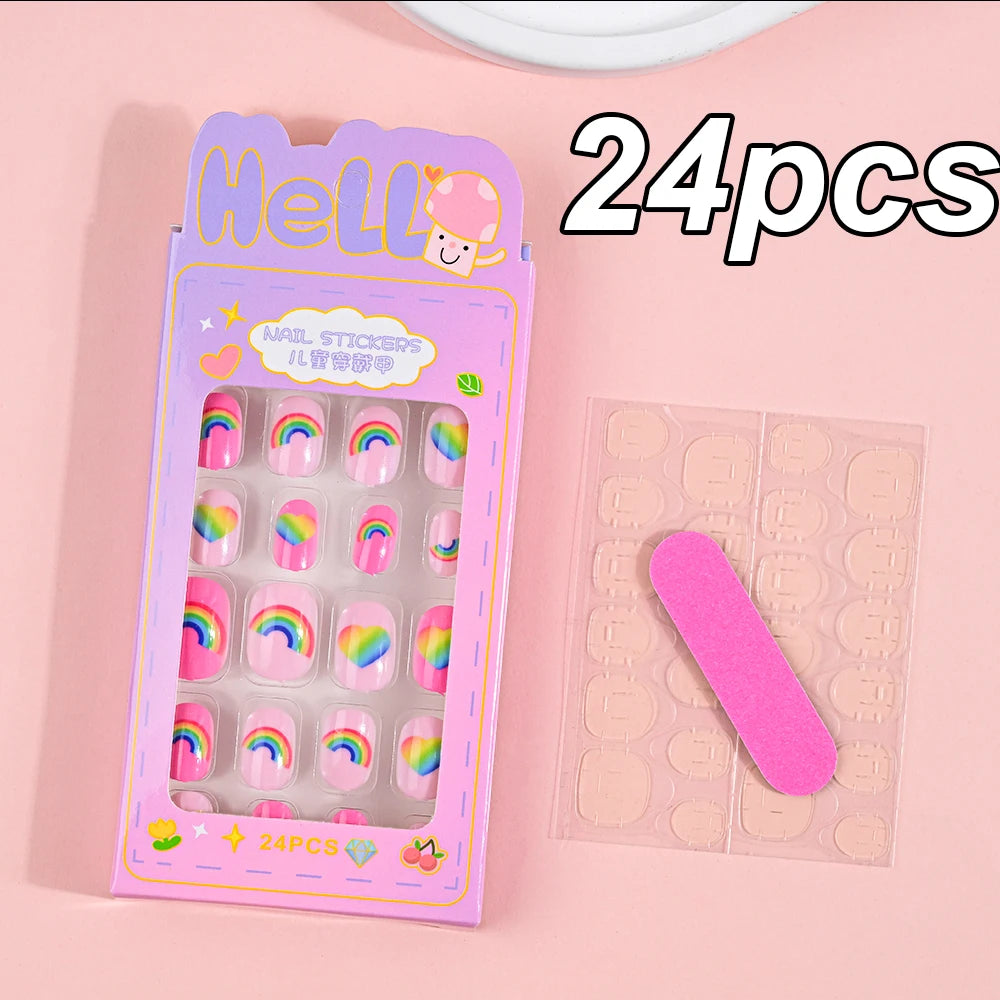 120pcs/box Pink Cartoon Children Press On Nails Candy Color Unicorn Cat Bunny Kids Full Cover False Nail Girls Party Nail Decora