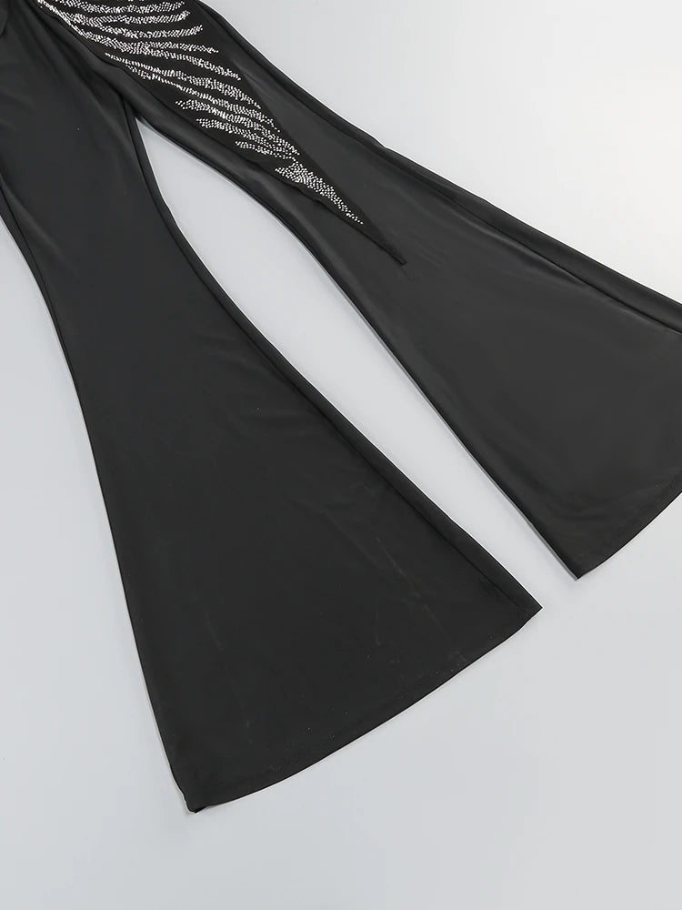 Sexy Deep V Neck Sparkly Diamonds Design Jumpsuit Women Long Sleeve Draped Wide Leg Jumpsuit Elegant Evening Club Costume Runway