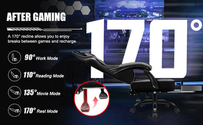 Daccormax 170 °   Liegender Gaming-Stuhl mit ausziehbarer Fußstütze, ergonomischer Bürostuhl mit Lordosenstütze und Kopfstützenkissen