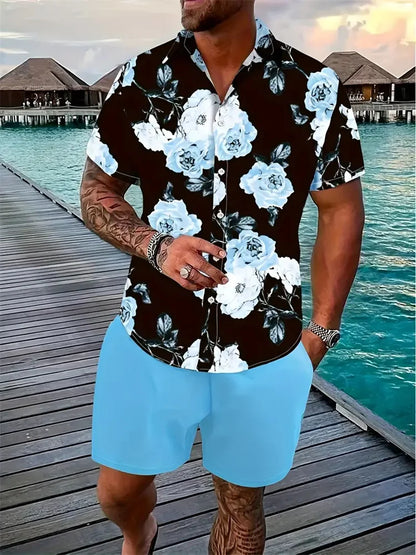 Men's Hawaii Shirt Set Men's 3D Printed Short Sleeve Shirt Shorts Two Piece Summer Beach Lapel Shirt Set Unisex Casual Clothing.