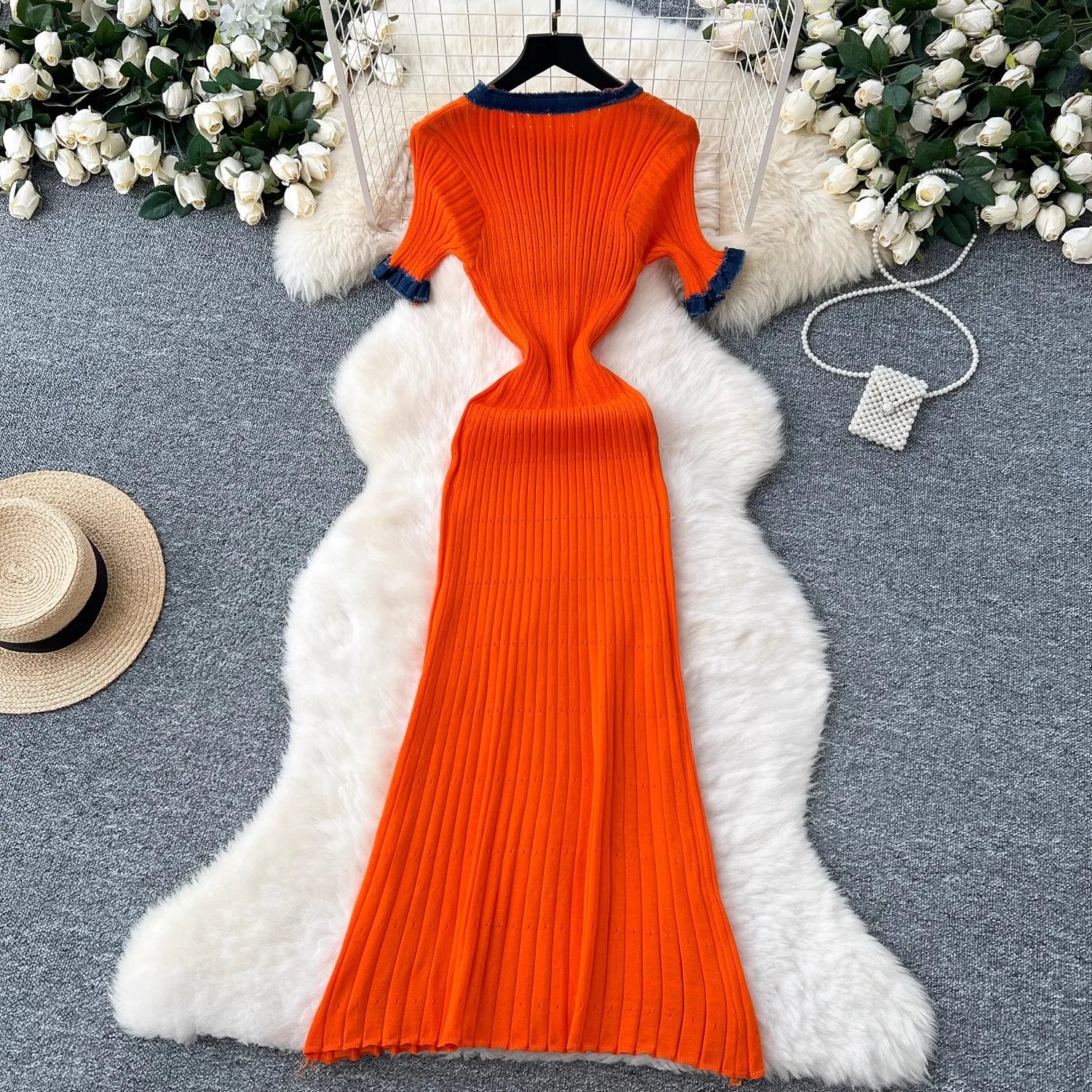 YuooMuoo Chic Mode Sexy Pakete Gestrickte Maxi Kleid Frühling Sommer Vintage Denim Patchwork Lange Pullover Kleid Dame Vestidos.