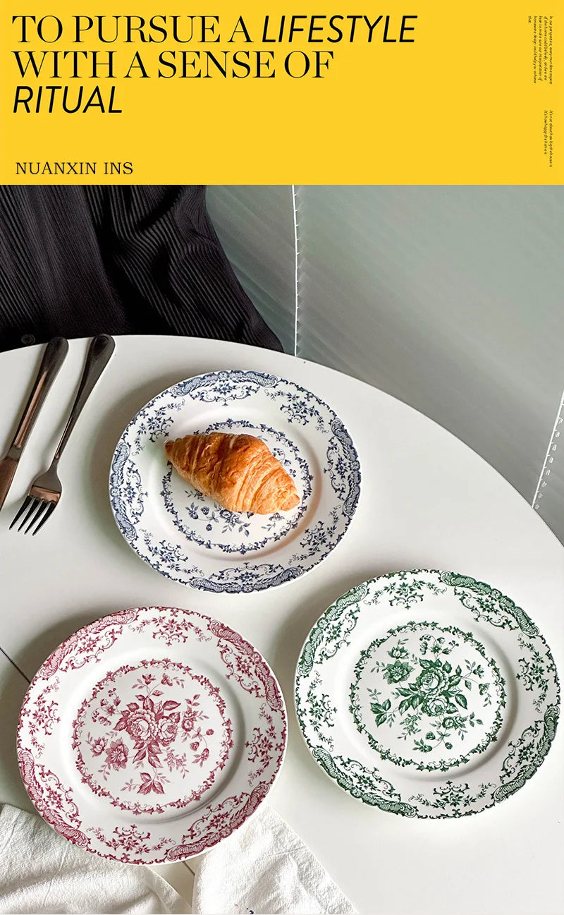 8/10Inch French Vintage Rose Ceramic Plate European Style Dinner Dishe Plates Salad Dessert Dinner Dish Household Art Tableware.