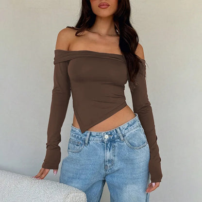 Hot-selling women's T-shirt with a unique and trendy style, a one-shoulder off-the-shoulder short, long-sleeved, solid-color top.