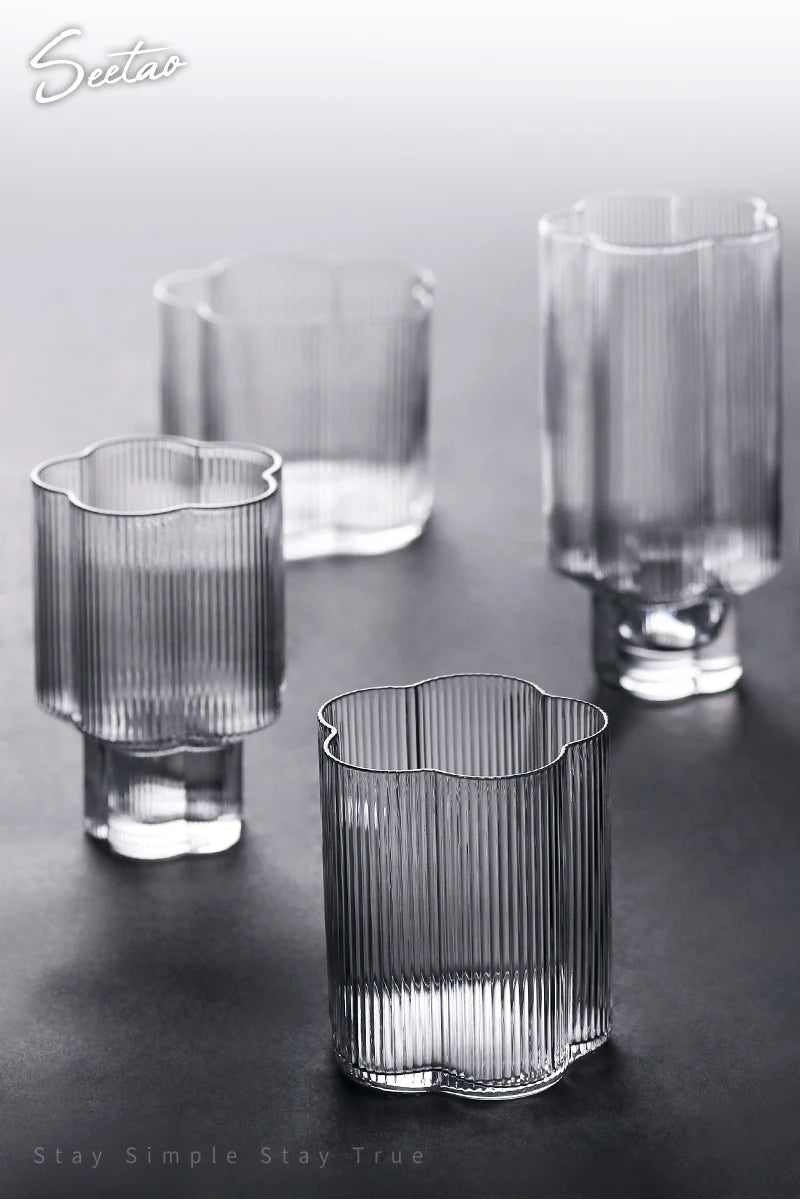 Clear Ice Cream Glass Whiskey Red Wine Glass Cup Flower Stripe Glass Mug Vintage Iced American Coffee Mug Home Stacked Cup