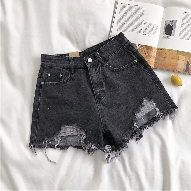 Korean Denim Shorts Women Summer Fashion Casual High Waist Ripped Jeans Pocket Tassel Y2K Hot Pants Streetwear Blue Trousers.