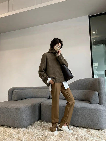 2023 Autumn and Winter New Thick  Sweater Women High Neck Pullover Sweater Warm Loose Knitted Base Sweater Jacket Tops