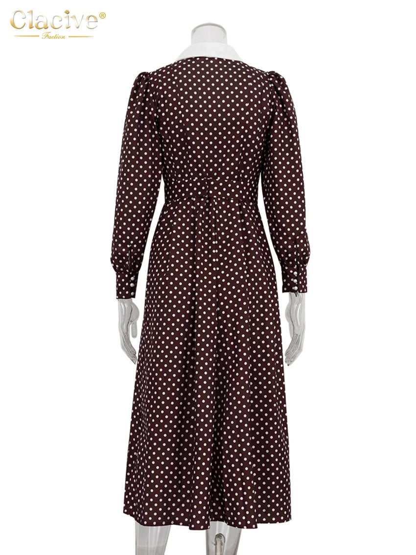 Clacive Mode Lose Druck Frauen Kleid 2025, Casual Revers Langarm Büro Dame Midi Kleider Elegante Klassische Gürtel Weibliche Kleid.