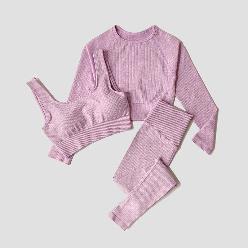 Women's Sportswear Yoga Set Workout Clothes Athletic Wear Sports Gym Legging Seamless Fitness Bra Crop Top Long Sleeve Yoga Suit