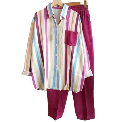 2Pcs/Set Women Outfit Shirt Pants Set Casual Elastic Waist Breathable Stripes Blouse Pants Suits Spring Summer Women Set.