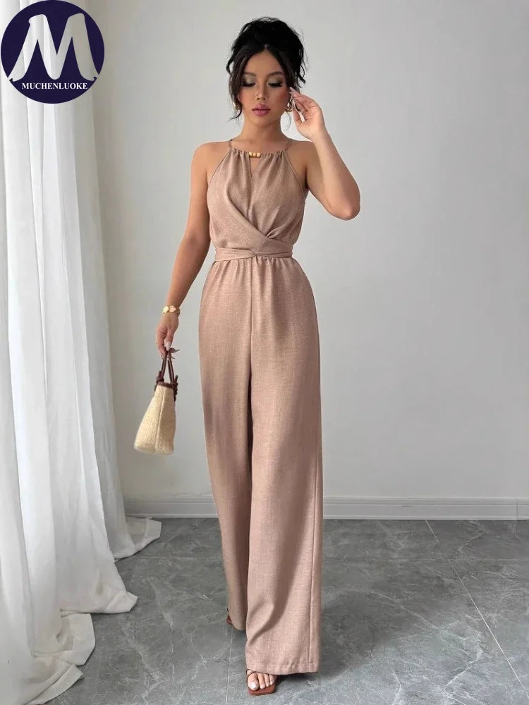 Woman Jumpsuits Elegant Summer Fold Off Shoulder Beads Jumpsuits Fashionable Slim Fit Belt Button High Waist Wide Legs Jumpsuits.