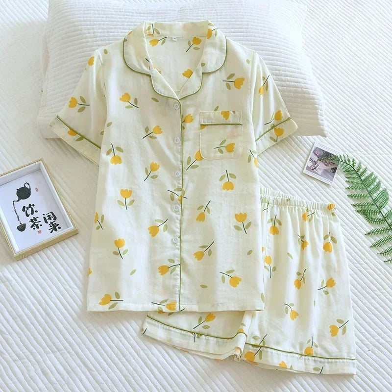 Japanische einfache kurze Pyjamas Frauen 100 % Baumwolle kurze Ärmel Damen Pyjama Sets Shorts süße Cartoon Nachtwäsche Frauen Homewear