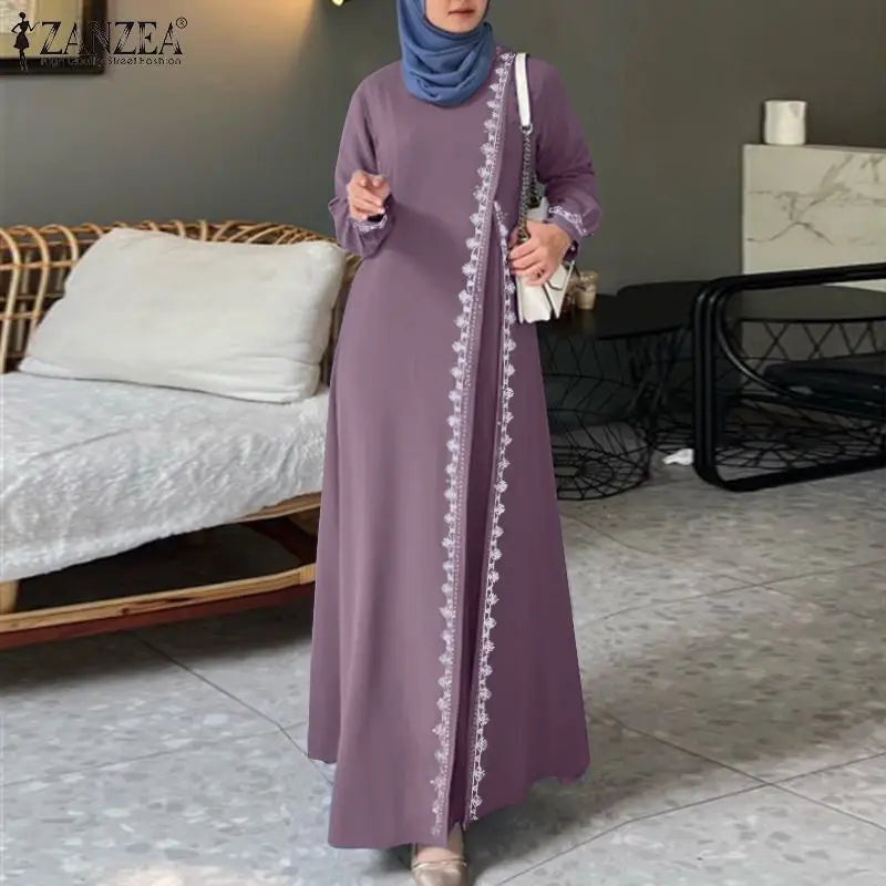 ZANZEA Autumn Women Long Sleeve O Neck Muslim Maxi Dress Kaftan Elegant Lace Crochet Loose Turkey Abaya Vestidos Islamic Dresses.
