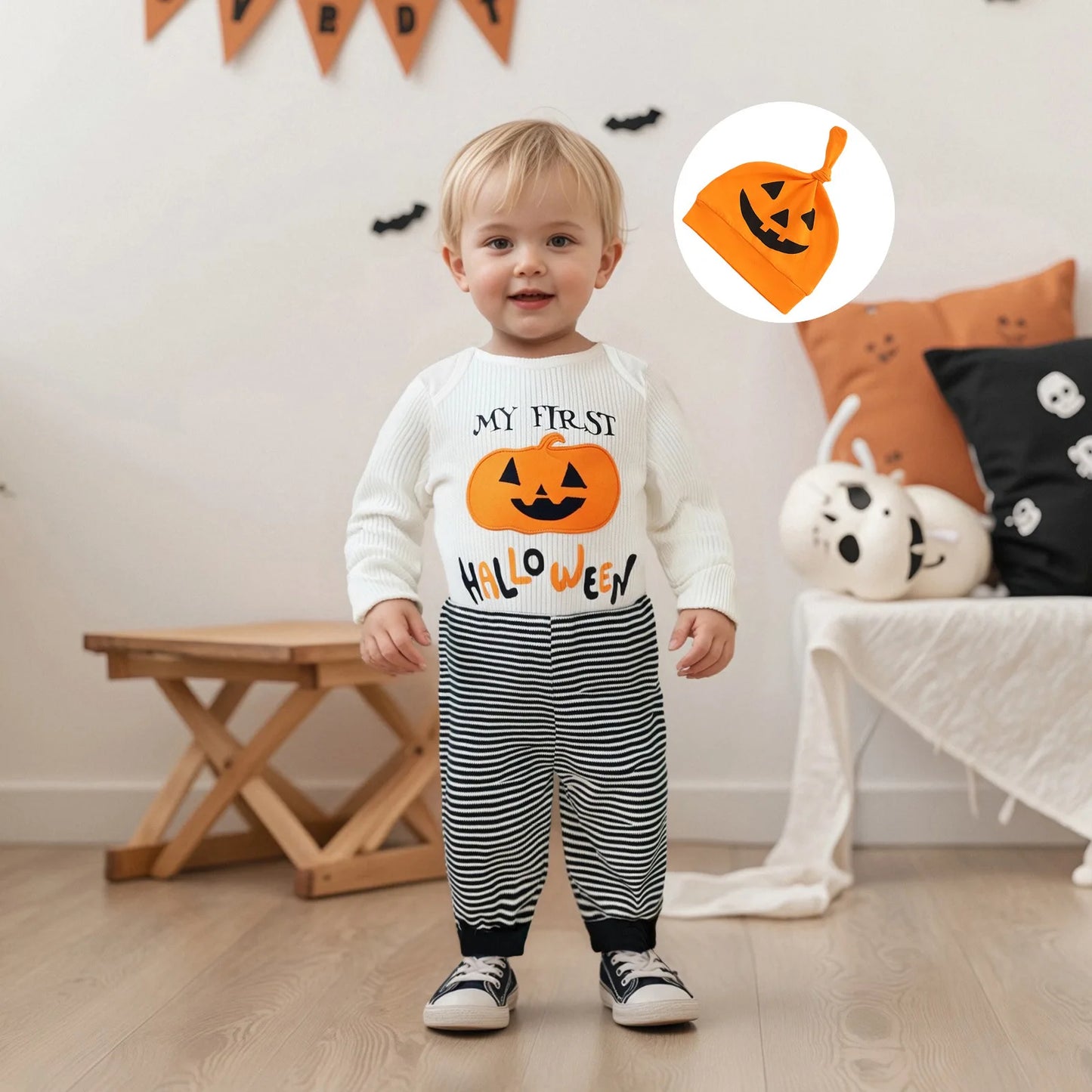 Baby Mädchen Halloween Baumwolle 3-teiliges Set 0-18 Monate Kleinkind Jungen Langarm Kürbis Print Onesie + Gestreifte Hose + Hut Festliches Outfit.