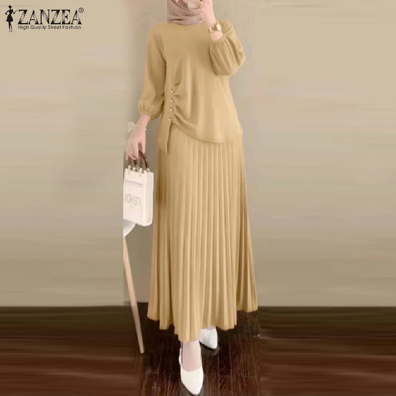 Fashion Muslim Sets Women 2PCS Outfits ZANZEA Elegant Long Sleeve Blouse Dress Suits Casual Solid Tracksuits Loose Matching Sets.