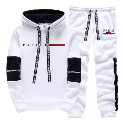 2025 Trendy Paris Print Hooded Tracksuit Men Winter Autumn Casual Jogging Outfit Athletic Sportswear Sweatpants Men's Clothes.