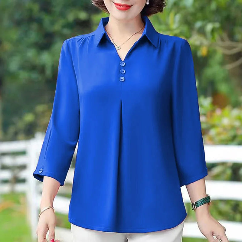 1pcs Woman Summer Solid Blouses Shirt Lady Thin Pullover Shirt Female Casual Half Sleeve Turn-down Collar Loose Top Mom Clothing.