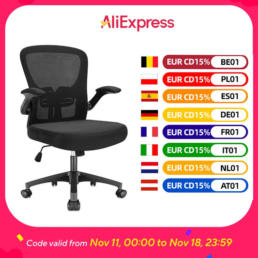 Durrafy Ergonomischer Bürostuhl, Schreibtischstuhl mit verstellbaren Armlehnen, Gaming-Stuhl, Netz-Bürostühle, Schwarz