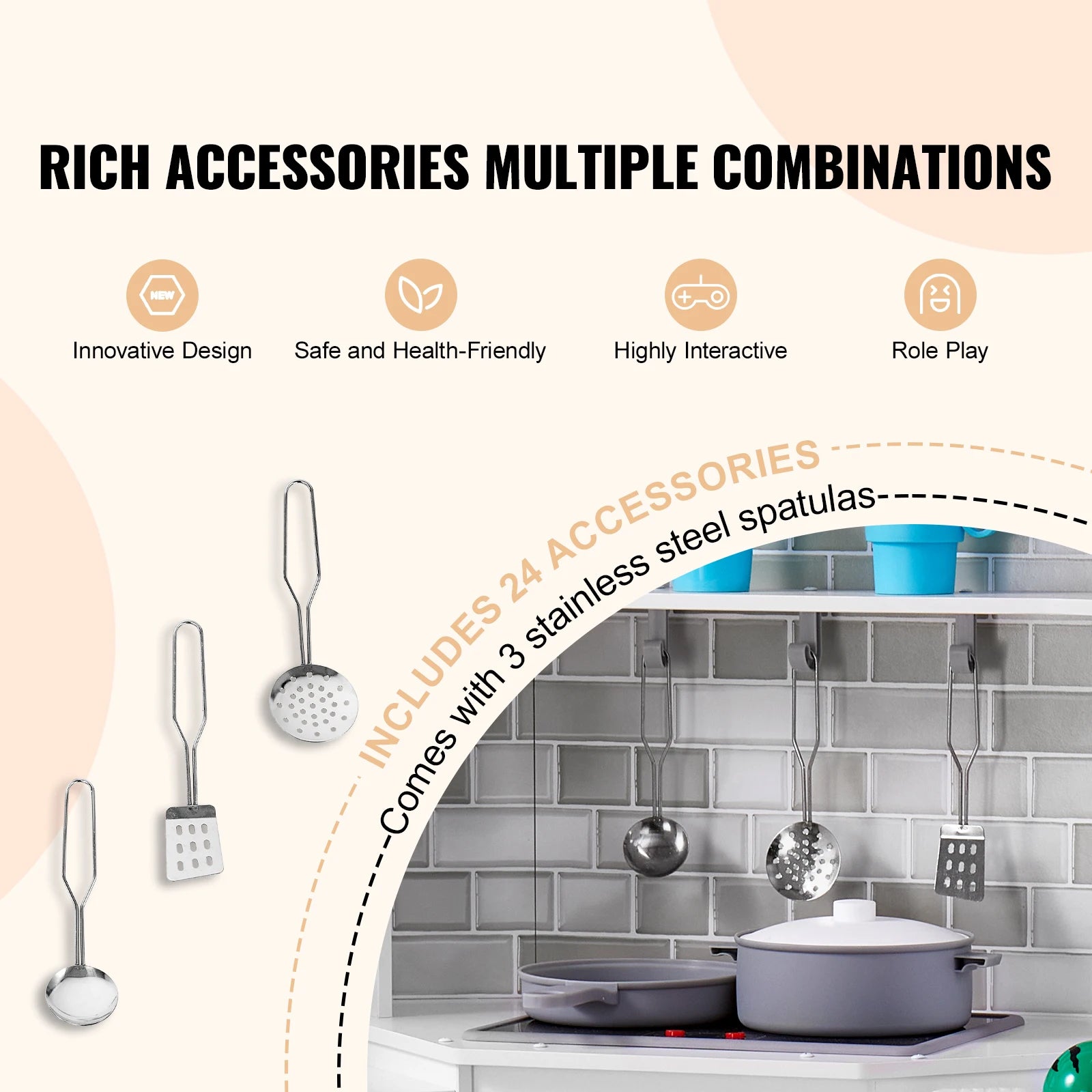 SucceBuy Corner Wooden Play KitchenToys Set Children Kitchenware toys with Lights & Sounds for Kids Preschoolers Girls Gifts.