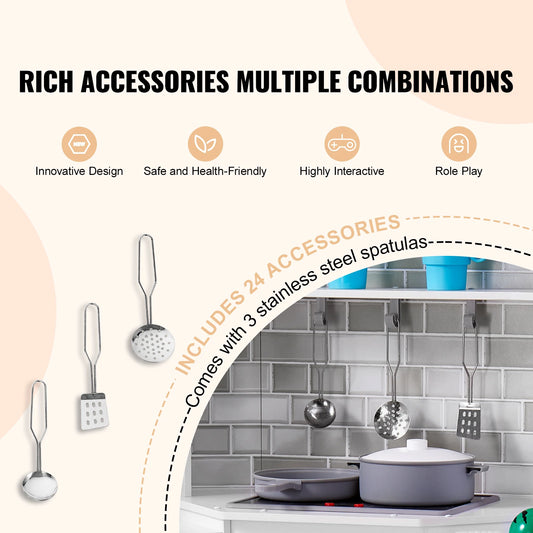 SucceBuy Corner Wooden Play KitchenToys Set Children Kitchenware toys with Lights & Sounds for Kids Preschoolers Girls Gifts.