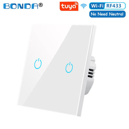 BONDA Smart Switch Alexa RF433 Keine neutrale Tuya-Steuerung funktioniert mit Google 1/2/3 Gang Smart Life Home Light WiFi Touch Switches 86