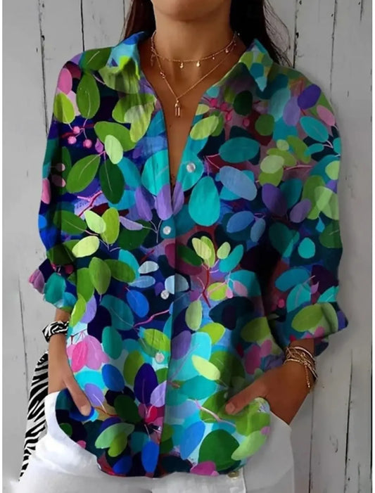 Women's Shirt Floral Casual Long Sleeve Shirt Collar Tops Work Daily Button Print Green Spring Summer.