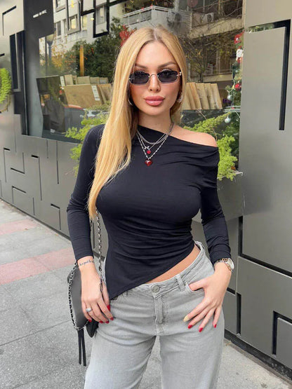 HH Women Fashion Solid 5-Color Asymmetrical Slant Collar Tops Female Spring Pleated Decoration Casual Slim Elasticity Top.