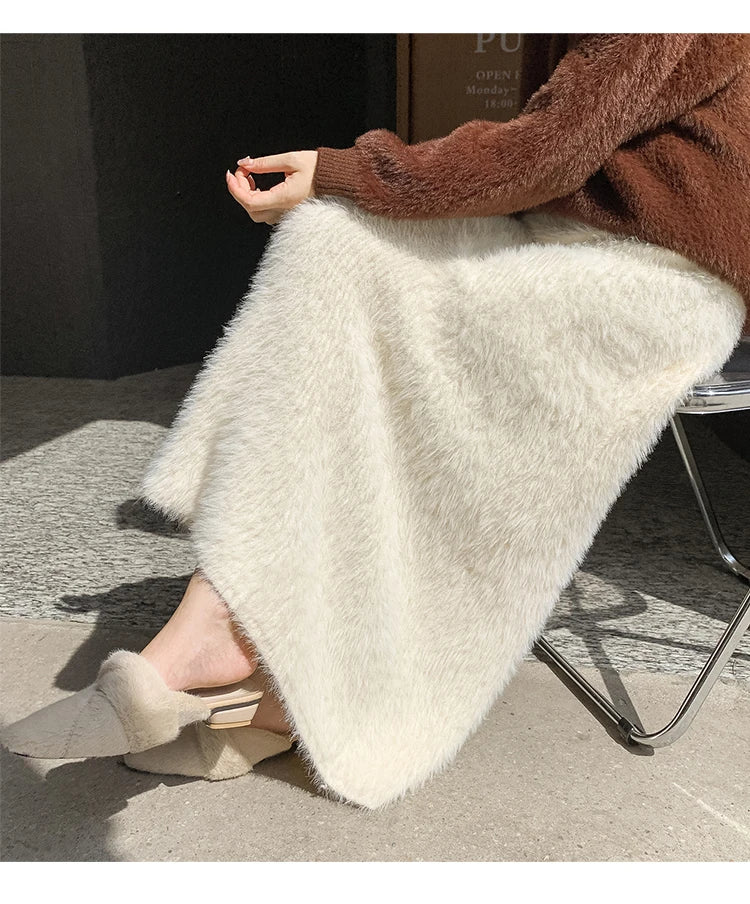 Autumn Winter New Knit Long Skirt Women Casual Thick Korean High Waist Soft A-Line Skirt.