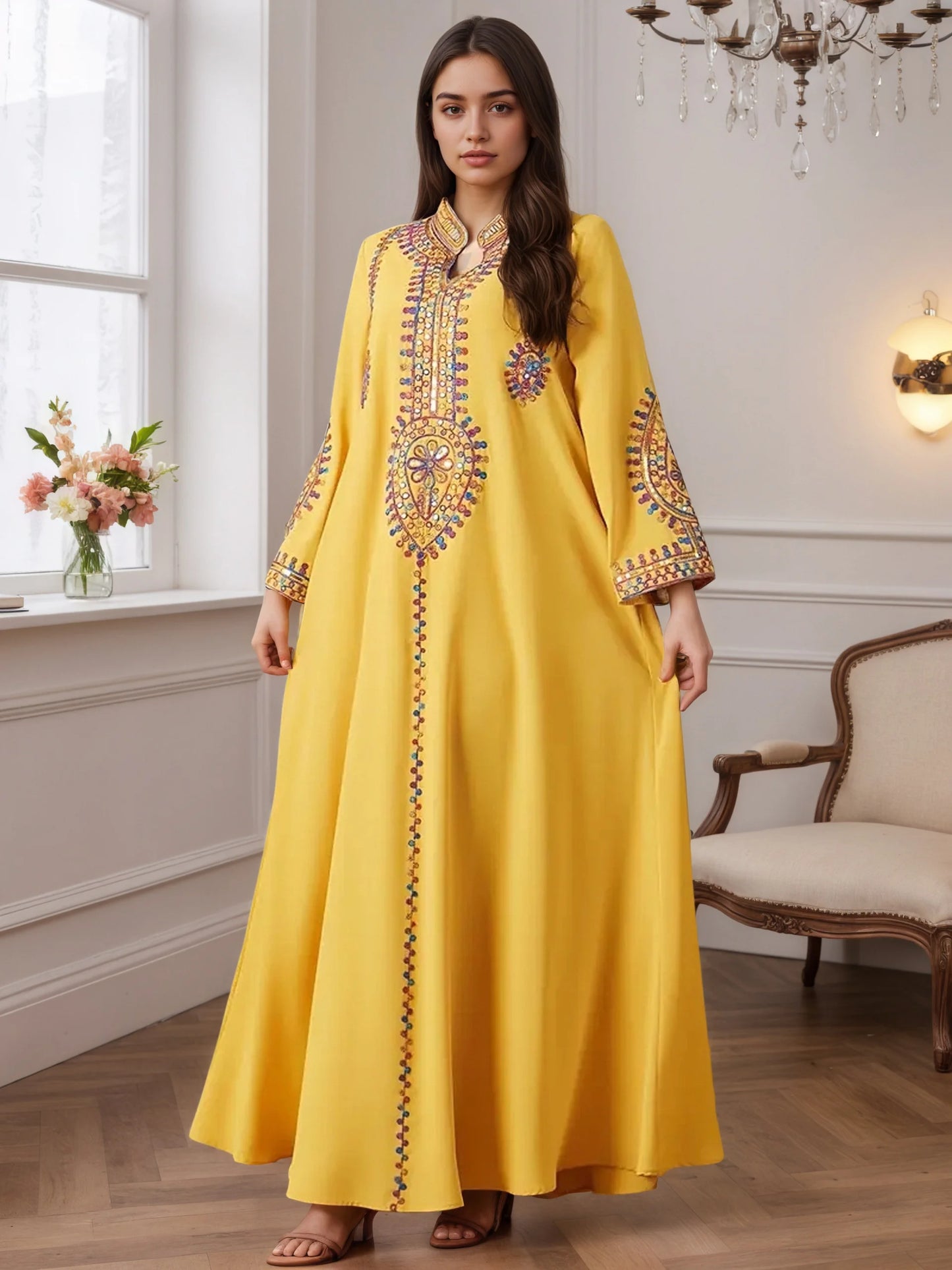 Dubai 2025 Hot Sell Moroccan Islam Women Style Yellow Abaya Intricate Hand Embroidered Patterns for Arabian Cultural Gatherings.