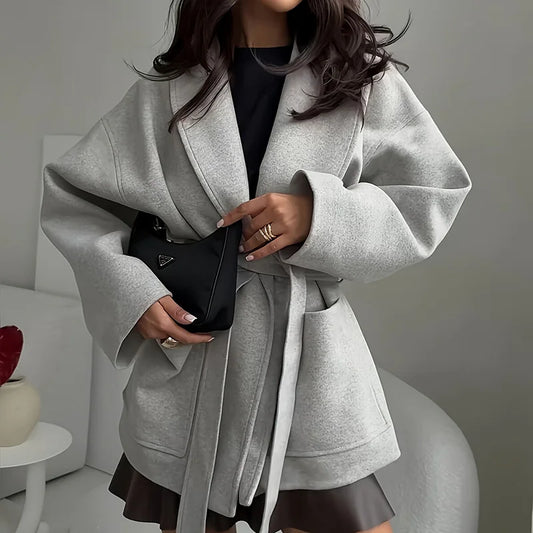 Herbst Winter Dicken Langen Ärmeln Woolen Mantel Einfache Feste Farbe Temperament Spitze Up Jacke frauen Revers Tasche Lose Oberbekleidung.