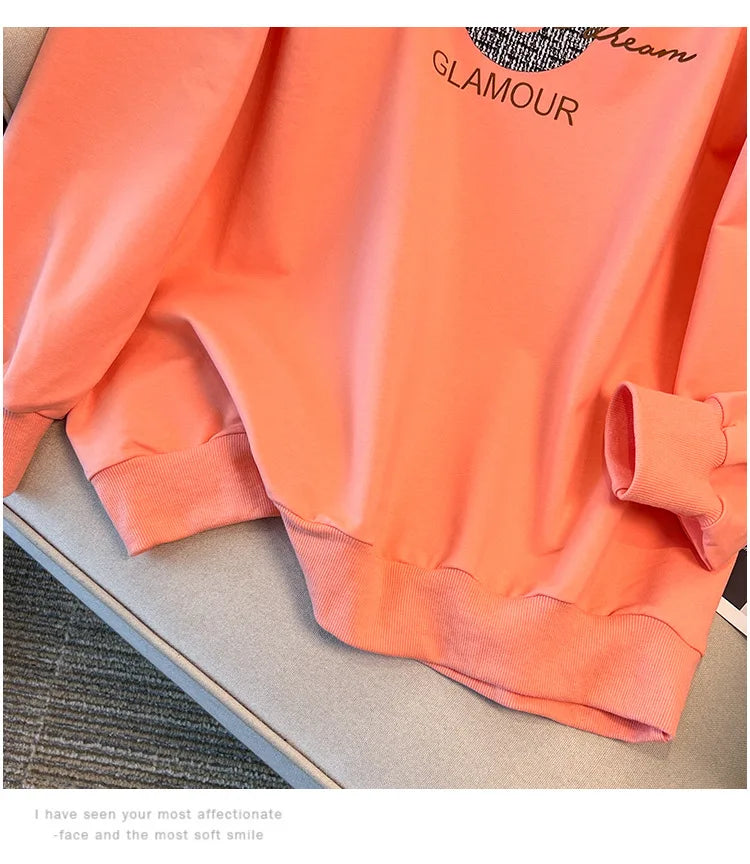 175kg plus size Damen büste Frühling Herbst loser Rundhals ausschnitt bedrucktes Langarm-Sweatshirt schwarz orange 5xl 6xl 7xl 8xl 9xl