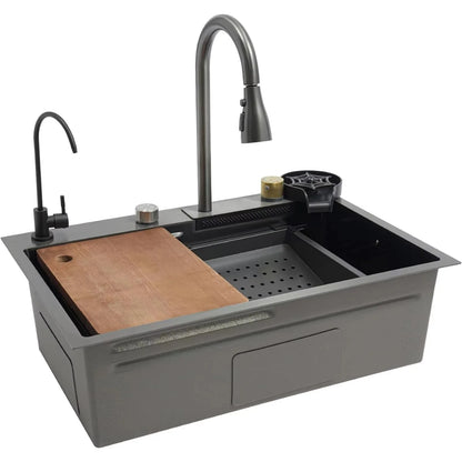 BYMAOCAR Edelstahlspüle, Küchenspüle mit ausziehbarem Wasserhahn, Haushaltsspülbecken-Set, Edelstahl-Wasserfallspüle 68 x 45 x 21 cm