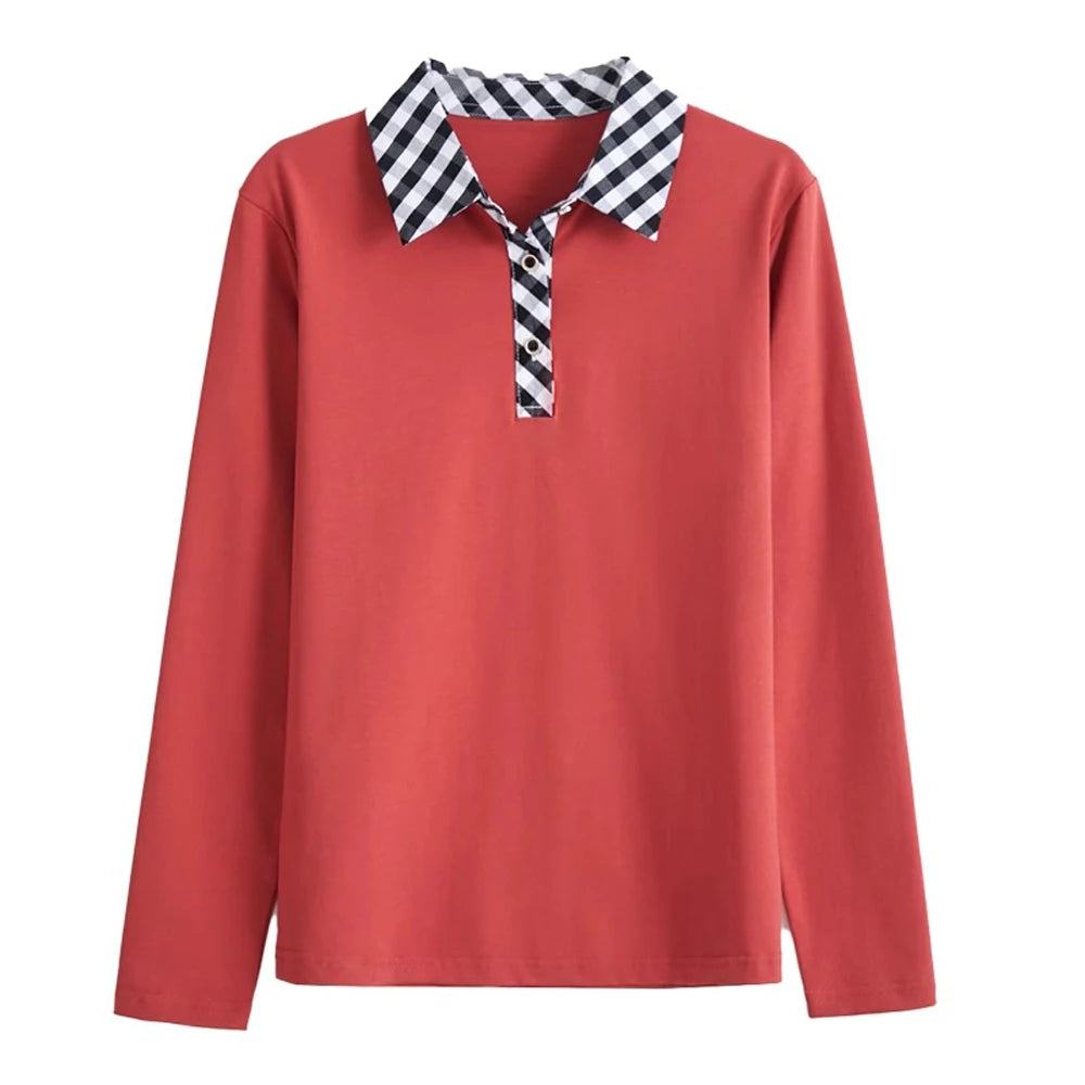 European station lapel long sleeved t-shirt women's new high-end fashion light luxury casual plus size spring and autumn top.