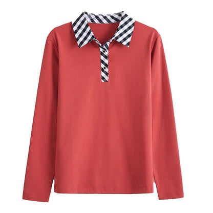 European station lapel long sleeved t-shirt women's new high-end fashion light luxury casual plus size spring and autumn top.