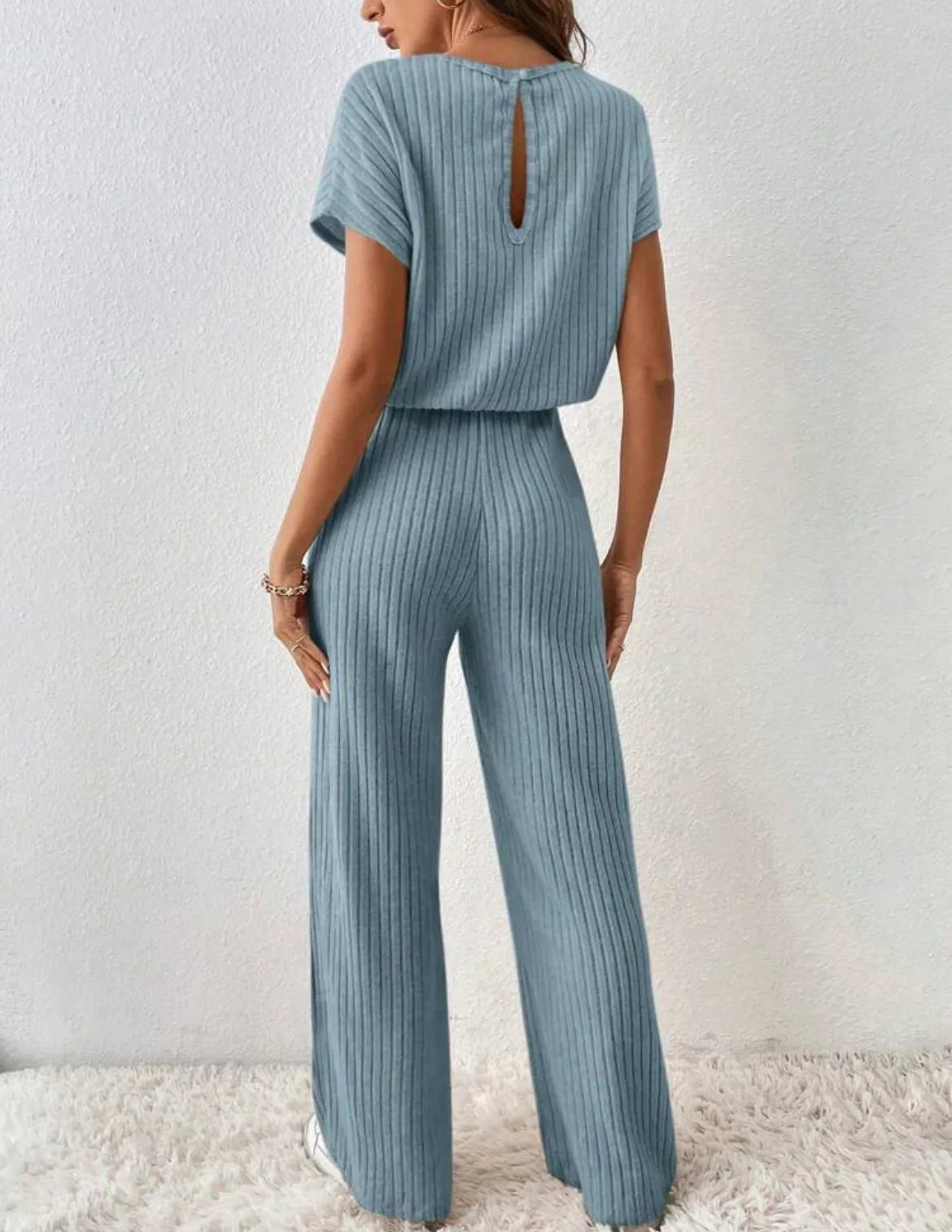 Two Piece Pant Sets Women Straight Pants Tops Pullover Short Sleeve Round Neck Spliced Top Solid Casual Streetwear Summer