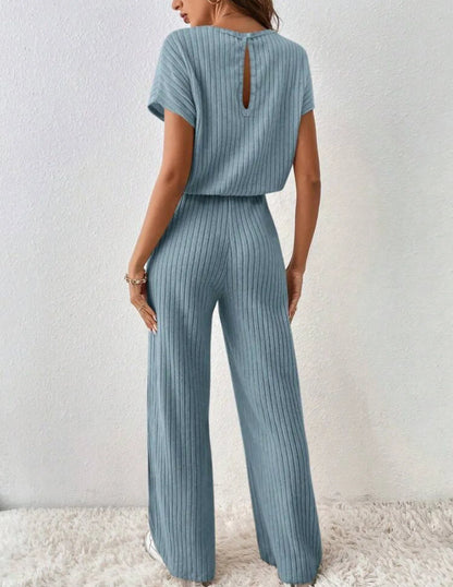 Two Piece Pant Sets Women Straight Pants Tops Pullover Short Sleeve Round Neck Spliced Top Solid Casual Streetwear Summer