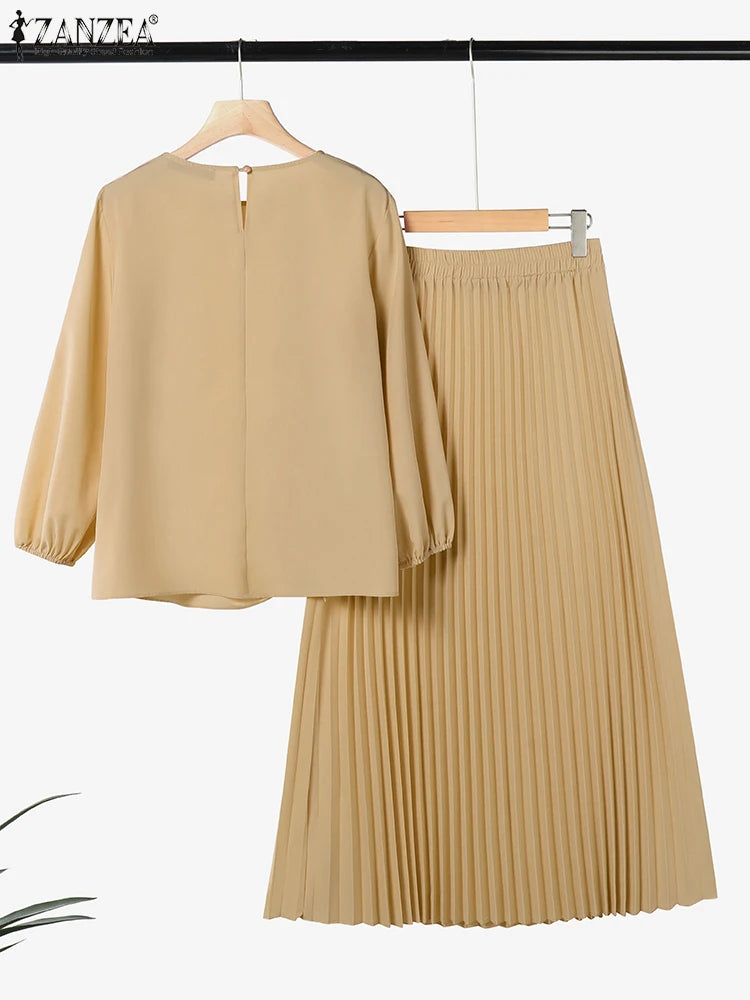 Fashion Muslim Sets Women 2PCS Outfits ZANZEA Elegant Long Sleeve Blouse Dress Suits Casual Solid Tracksuits Loose Matching Sets.