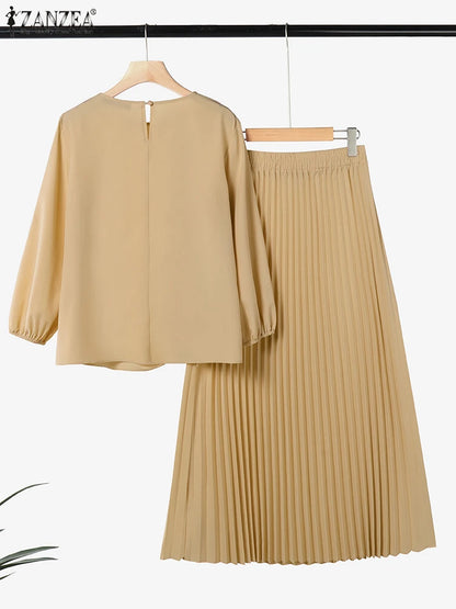 Fashion Muslim Sets Women 2PCS Outfits ZANZEA Elegant Long Sleeve Blouse Dress Suits Casual Solid Tracksuits Loose Matching Sets.