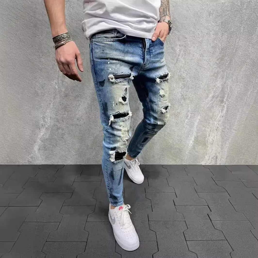Slim-Fit-Jeans mit zerrissener Knöchelhose für Herren, bemalte Jeans.