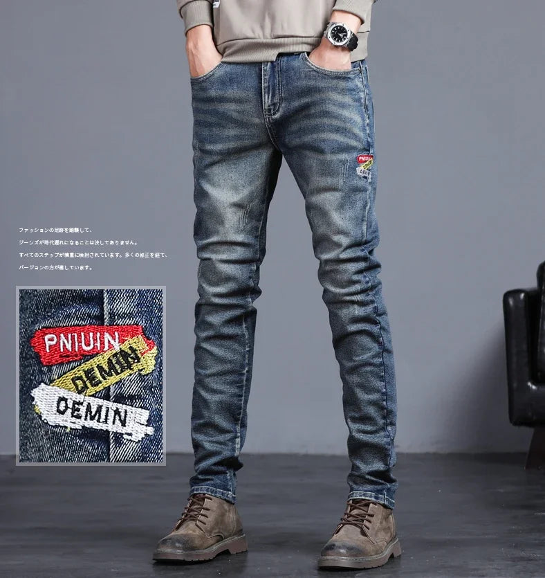 New Men's Vintage Jeans Korean Fashion Slim Little Feet Embroidered Trousers Stretch Male Streetwear Denim Pants.